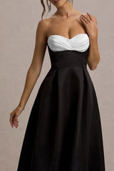 Wintour | Black Satin Sweetheart Midi Dress